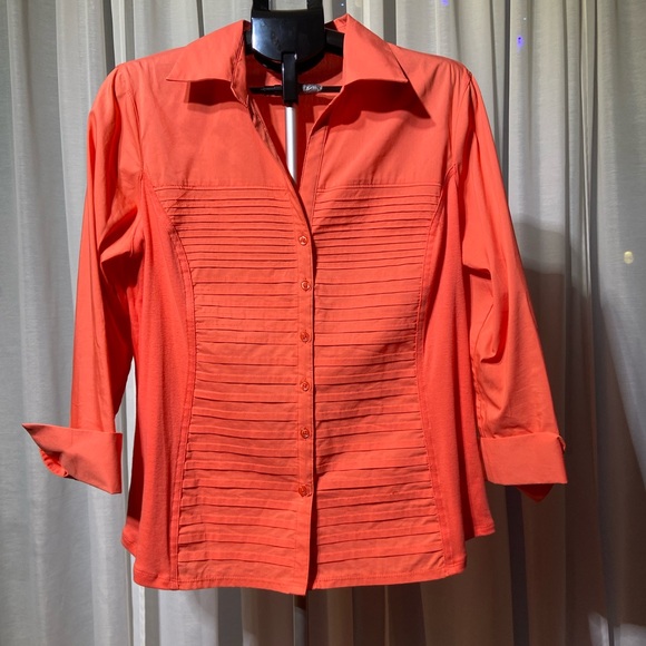 Zac & Rachel Vibrant Orange 3/4 Cuff Sleeve Button Down Blouse Ribbed Size XL - Picture 2 of 6